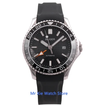 Bliger 41mm Dial Negro Mecánico Automático para Hombre GMT Reloj Luminoso Impermeable Militar Calendario Reloj de los Hombres reloj de Pulsera