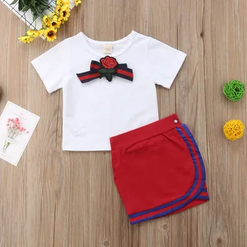 1-5Y Moda de Verano Lindo Niño de las Niñas de Bebé de la Ropa de los Conjuntos de la Impresión Floral de Algodón Blanco Camisetas Tops Rojo Mini Faldas Lápiz