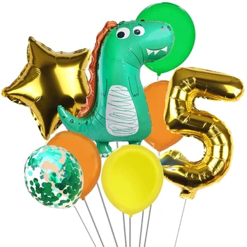 10 PCS Niño Dinosaurio Tema de la Fiesta de Cumpleaños Decoración De 32 Pulgadas con papel de Aluminio Número Verde Globos de Látex para 1 2 5 años de la Fiesta de Cumpleaños