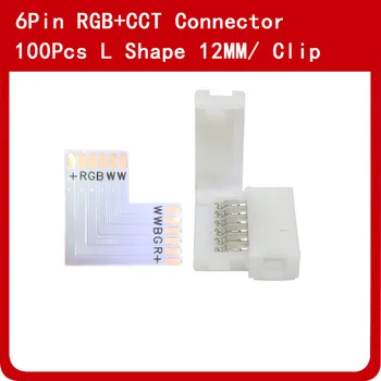 100pcs 6 pines RGB+TMC en Forma de L Adaptador de Conector Para RGBW CCT LED de Luz de Tira de Cinta sin soldadura de 12mm de ancho de conexión rápida