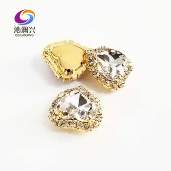 12mm/14mm/18mm 10pcs forma de corazón de Cristal blanco cristal hebilla de oro coser la parte inferior de diamantes de imitación para el Bricolaje/accesorios de la joyería