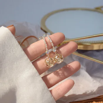 14k de Oro de la Moda de Joyería de Bola Hueca con Cristal Exquisito Aretes para Mujer Fiesta Diaria Elegante Pendiente