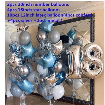 16pcs/set de 18 años de edad chico chica de cumpleaños decoración de 30inch número de globos de color azul estrella de plata de aluminio globos de Adultos ceremonia parte