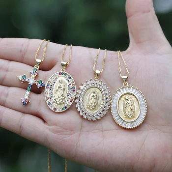 18 pulgadas multi-color cúbicos circón cz cristal pave creencias religiosas de La Santísima Virgen María de oro colgante collar para unisex