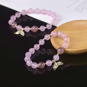 1PC Natural de Cuarzo Rosa de Cristal Perlas Pulseras de Cuarzo Streche Pulsera de Cordón Elástico Pulserase de la Joyería de Perlas de los Amantes de la Mujer Regalo