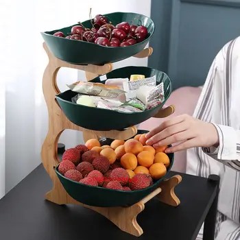 2/3 Capas de Plástico, Platos de Fruta con la Madera Titular Oval platos por Parte de Alimentos Servidor del Soporte de Exhibición de Dulces de Fruta Estantes