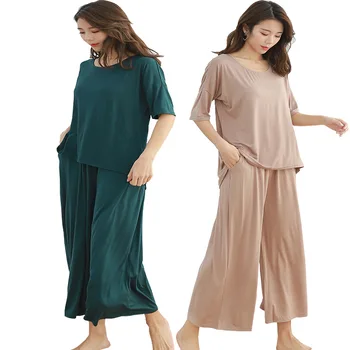 2/pcs de 9 minutos con las piernas de pantalones de 5 minutos de la camiseta de las Mujeres Pijamas Conjuntos de 2019 Primavera de Manga Larga Casual ropa de dormir Traje de Casa de Desgaste