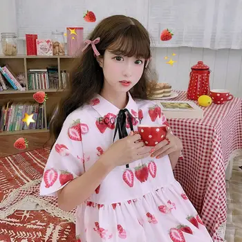 20 Lolita Vestido de las mujeres del verano Japonés lindo fresa de impresión de la falda de la muñeca suelta camisa de manga corta vestido lindo