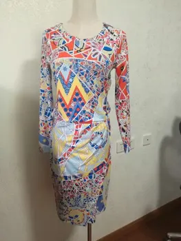 2016 Primavera Marcas de Lujo Jersey Vestido de Seda de las Mujeres Elegantes de colores de la Geometría de Impresión de Mangas Largas de Estiramiento Día Vestido de la Firma
