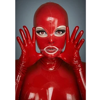 2017 red de Mujeres exóticas Nuevo diseño hecho a mano uno de Látex Catsuits Disfraz Sexy de ojos abiertos y la boca unisex Campanas de la Máscara