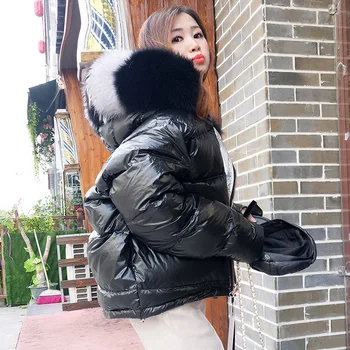 2018 Natural fox cuello de piel abrigo con capucha negro plata oro pato blanco abajo chaqueta casual de ropa de mujer de moda las prendas de abrigo