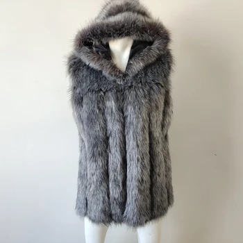 2018 Nuevo chaleco de piel de imitación de piel de zorro de plata de la capa con capucha chaleco de la raya vertical a medio-largo chaleco de gran tamaño de las mujeres de piel falsa chaleco de abrigo