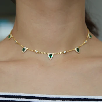 2018 nuevo de la moda de joyería de cristal verde CZ Ahogador del collar de la gota de agua que ronda encanto eslabón de la cadena de moda de la moda de los collares
