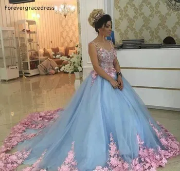 2019 Bebé Azul De Quinceañera Vestido De Princesa Con Apliques De Flores Dulces 16 Edades Largo De Las Niñas Fiesta De Baile, Concurso De Vestido Más El Tamaño