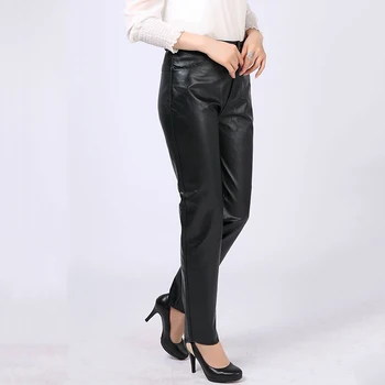 2019 de las Nuevas Mujeres de Cabra de Cuero Genuino Pantalones de Señora de la Oficina Slim Plus Tamaño 4XL Lápiz Negro Pantalones Natural Real Pantalón de Cuero
