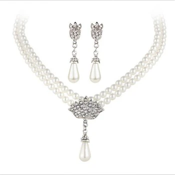 2019 Imitación de perlas Nupcial conjuntos de Joyas para las Mujeres de Plata Plateado Rhinestone Collar aretes Conjuntos de Joyería de la Boda