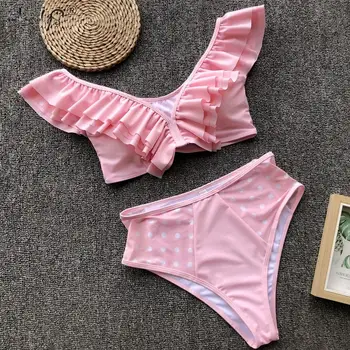 2019 Impresión de Lunares de trajes de baño de las Mujeres a Mediados de Cintura Bikini de Volantes del Traje de baño Push Up Bikini Set Traje de Baño ropa de Playa de Verano Biquini