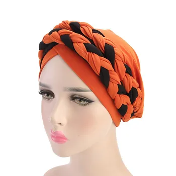 2019 Musulmán Doble Color Trenzas Tramo Turbante Rizar el Cabello Sombreros Gorro de Pañuelos Pañuelo para Envolver la Cabeza de Sombreros para las Mujeres 08