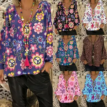 2019 Nueva llegada de v-cuello de las Mujeres de Gasa Tops de Manga Larga Túnica de la Flor de Impresión de las Camisetas Más el Tamaño de la M-2XL diseño de moda de verano