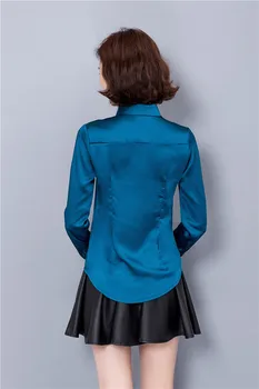 2019 nueva pavo real de Satén azul de la Camisa de Mujer de manga Larga Blusas de seda de las mujeres ropa de trabajo uniformes de oficina camisa simple cuerpo de Gasa en la parte superior