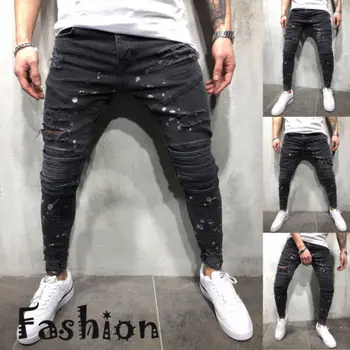 2019 Nuevos Hombres de la Moda de los Agujeros Jeans Europea de Alta Motocicleta de Calle Ciclista de pantalones Vaqueros de los Hombres de Hip Hop Arrancó Slim Jeans pantalones Dropshipping