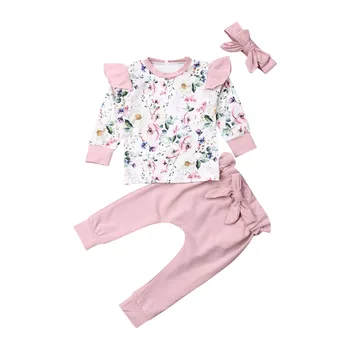2019 Otoño Recién nacido Bebé de Niña de Manga Larga Floral T-shirt Tops Harén Largo del Pantalón Pantalón Diadema 3PCS Conjunto de Ropa de Bebé