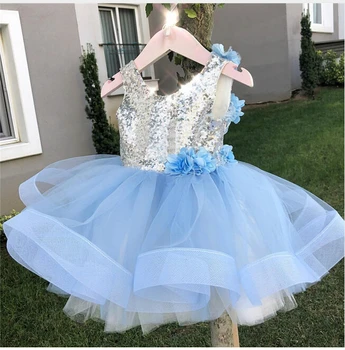 2019 Princesa Dulce 3-8Y Niño pequeño Bebé de las Niñas Vestido de Fiesta de Lentejuelas Azul de Encaje Patchwork Flores sin Mangas Tutu Vestido de Tul