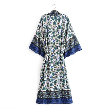 2020 BOHO Azul de la Impresión Floral de Largo Kimono Camisa Hippie Mujeres Lazada hasta la Corbata de Moño de Fajas Largo Cardigan Blusa Tops de Vacaciones