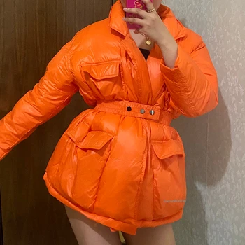 2020 Chaqueta de Invierno de la Moda de las Nuevas Mujeres de Down Chaqueta Simple Diseño de Capas de color Naranja con cinturón Cálido Espesar Casual de nieve hacia Abajo Parka YRF105