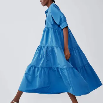 2020 de las Nuevas Mujeres de Moda Casual Azul O-cuello de Botón Puff Manga Cubriendo Una Línea de Vestido Largo Vestido de Fiesta Vestidos