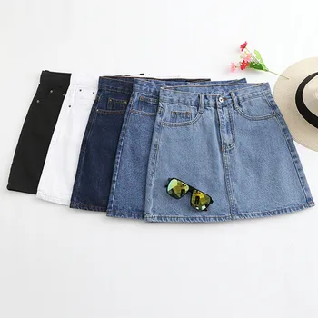 2020 de Verano para Mujer de las Señoras de Una línea de Jeans Falda corta Botón de Cintura Alta del Dril de algodón Bolsillos de la Falda de Harajuku Mini Faldas de Alta Calidad de Jean
