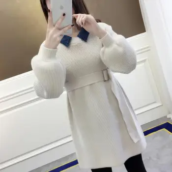 2020 el Otoño Y el Invierno Falso de Dos piezas de Larga tejida de Cuello de Jersey Suéter Femenino Perezoso Viento coreano Chaqueta