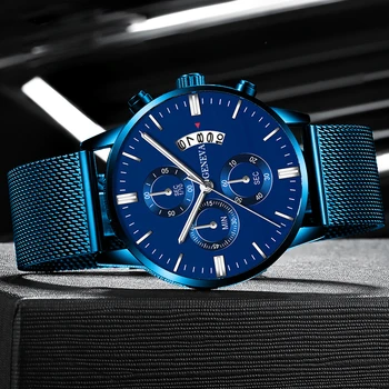 2020 Hombres de la Moda de Negocios Calendario Relojes de Lujo Azul Malla de Acero Inoxidable de la Correa Analógico de Cuarzo Reloj relogio masculino