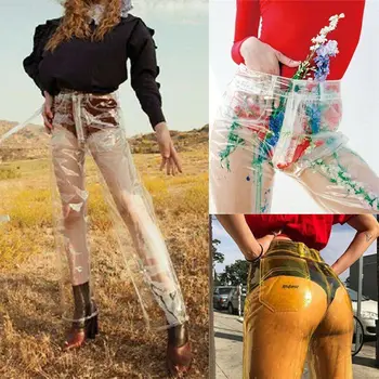 2020 las Nuevas Mujeres de la Transparencia de Ancho de Pierna Alta de la Cintura del Pantalón Impermeable de PVC de Plástico Flaco Pantalones Sueltos Largo de la Individualidad de los Pantalones