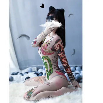 2020 Mono para las Mujeres el Sexo de la Ropa de Abrir la Entrepierna Cuerpo Medias de Manga Larga de Geisha Dragón Chino Tatuaje Sexy Lencería Babydolls
