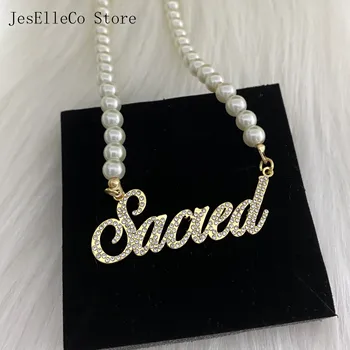 2020 Nuevo Hip Hop Carta de Collar de Nombre Personalizado Personalizado Collar de Perlas de Oro de Color de diamantes de imitación Colgante de Collar de las Mujeres de Regalo