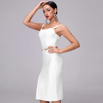 2020 Nuevo Vendaje Vestido de Elegante Blanco Rojo de las Mujeres Vestido Sexy Vestido de Fiesta de la Longitud de la Pantorrilla División de Espagueti Vestido de Vestdios