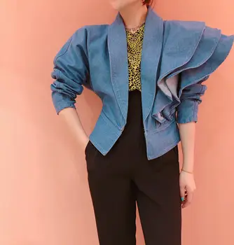 2020 otoño coreano cuello v volantes azul de mezclilla corto chaquetas de mezclilla femenina de las mujeres de manga larga de abrigos para las mujeres