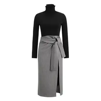 2020 Otoño de 2 piezas de Conjunto Negro de Cuello alto mangas largas Vestido de Gris y Hojas Conjunto de Falda Trabajo Set de Dos piezas Traje de las Mujeres Vestidos
