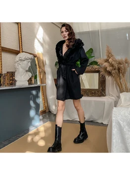 2020 Otoño Invierno Abrigo de Lana Negro Vintage con Capucha de Piel Falsa Collar Elegante Ropa de Moda para las Mujeres Recogen en la Cintura Con Cinturón
