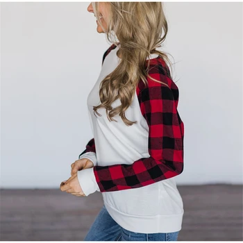 2020 otoño invierno caliente caliente del estilo de las mujeres de verificación de impresión de color en contraste casual cuello redondo de manga larga camiseta de las mujeres