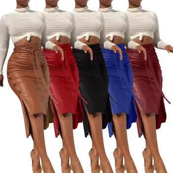 2020 Otoño Invierno de Cuero de la PU de la Falda de las Mujeres Elegantes de Cintura Alta Irregular Botón Dividir Bodycon de la Falda de 5 Colores