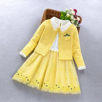 2020 Otoño Nueva Chica del Suéter de Algodón de Manga Larga Vestido de 2pcs Conjunto de Ropa de los Niños de la Princesa de Malla de Flores Vestido de Suéter de la Ropa