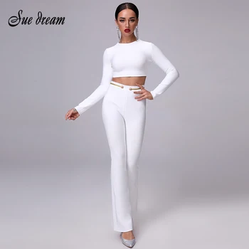 2020 Otoño Nuevas Mujeres del Vendaje de la Cremallera de la Sexy Camisa Blanca Y Pantalones de 2 Piezas Dos piezas de Moda de Ancho de la Pierna de los Pantalones Largos de Navidad Conjunto