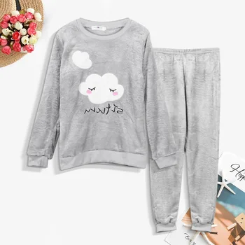 2020 Pijama de Mujer de Invierno de Franela de manga Larga Engrosamiento Plus de Terciopelo de Coral Polar de Invierno para Mujeres con el Pijama de Servicio a domicilio de Traje