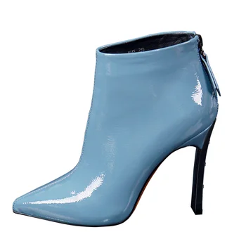 2020 Punta del dedo del pie Botas de Tacón Alto de Mujer de Tacón Grueso de Patentes botines de cuero de las Mujeres Zapatos de Invierno Back zip Negro Beige Azul