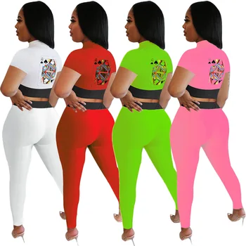 2020 Verano de las Mujeres de Traje Caliente Simple Estilo color Sólido de Poker Picas Q de Impresión de Mangas Cortas Crop Tops y Pantalones Slim 2 piezas