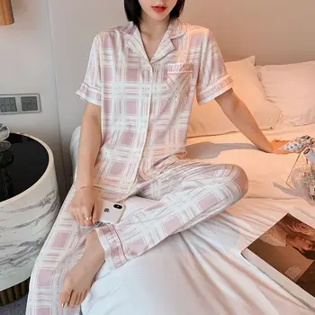 2020 Verano Nuevos Pijamas De Mujer De Hielo De Seda De La Camisa De Los Pantalones De Corea Entramado De Ropa De Dormir Ropa