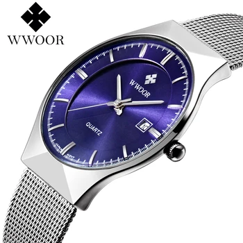2020 WWOOR Casual Azul Reloj Para Hombre de Lujo Ultra Fina Malla de Acero Impermeable para Hombre Relojes de Calendario Simple de Cuarzo reloj de Pulsera Caja de