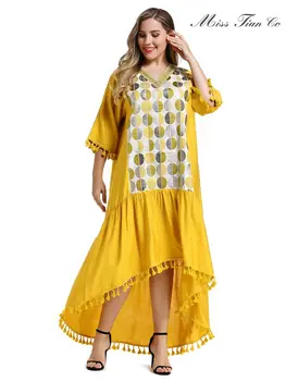 2021 Abaya Largo De La Primavera De La Mujer Vestidos De Gran Tamaño Más De Moda Elegante De Cuello V Irregular Costuras De Color Amarillo Vestido Maxi